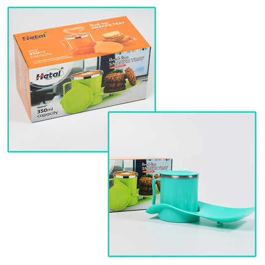 2851 Snacks Tray Inside Steel Cup 350ml Break Time Tray For Kids Home Use
