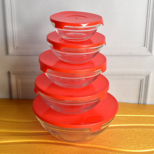 Modern Glass Bowl Set Mixing Storage Bowls With Red Lids (5 Pcs Set)