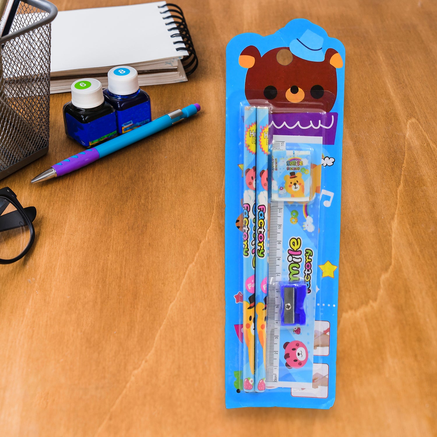 4580  Cartoon Wooden Pencil Set For Kids Boys Return Gifts Birthday Party Space Stationary Set Pencil Eraser Sharpener Combo Kit For Kids Boys